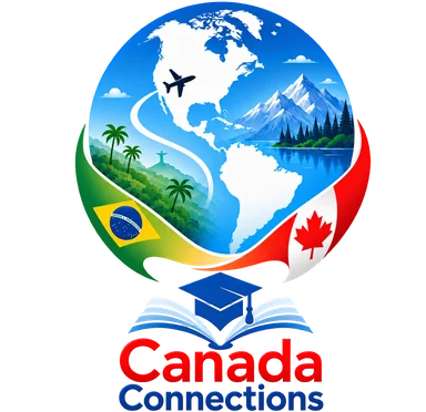 Logo da Canada Connections: um globo que liga o Brasil ao Canadá sobre um livro aberto.